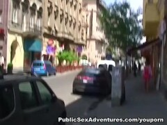 Public blowjob from blonde in red dress Thumb