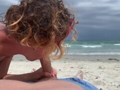 Deep blowjob on the beach, girl in bikini sucking cock, cum mouth outdoors Thumb