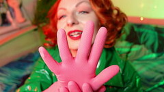 pink gloves fetish - latex rubber close up video - Arya Grander - redhead MILF seduce and tease with Thumb