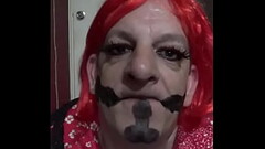 bisexual crossdressing gay mark wright has painted cocks on his face while he licks his cum clean of Thumb