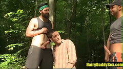 Lean Hairy Stud threesome outdoors- HairyDaddySex.com Thumb