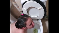 Pigtailed teen sucks dick after being pissed on and licking the toilet clean | face spitting and sla Thumb