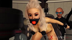 BDSM club. Hot sexy ball gagged blonde in restraints gets fucked hard by crazy midget in the lab Thumb